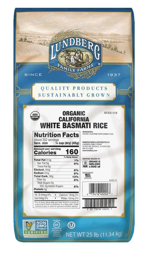 LUNDBERG Organic White Basmati Rice - 25 Lb
